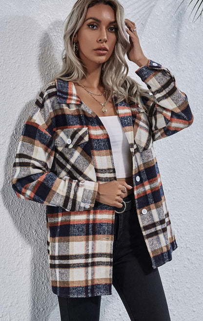 Women'S Casual Long Sleeve Button down Boyfriend Plaid Heavyweight Flannel Shirt Jacket Shacket